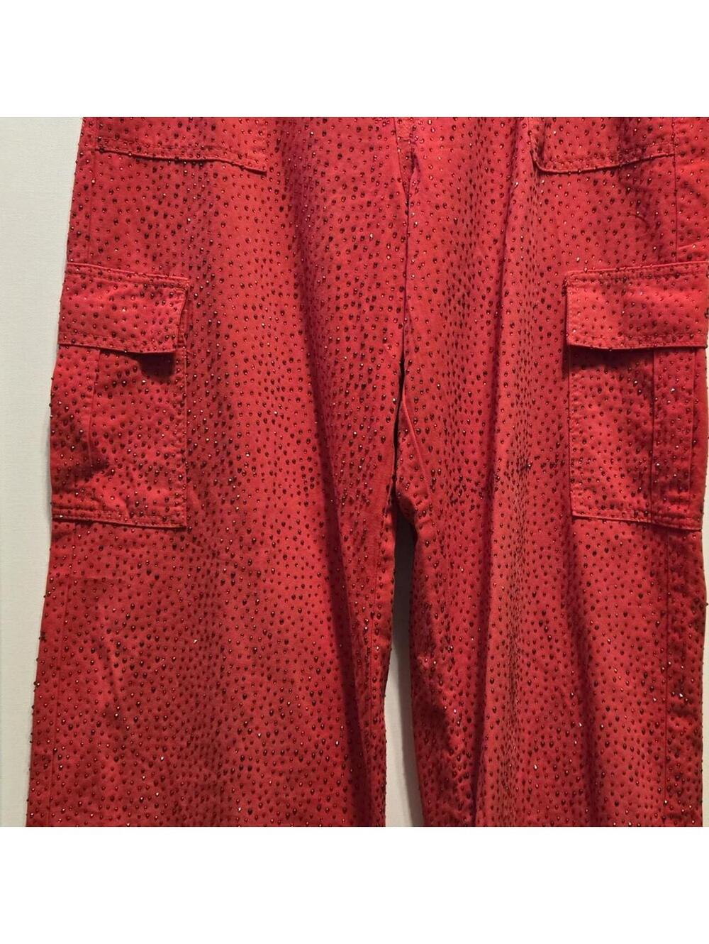🔥 FOREVER 21 RED RHINESTONE WIDE LEG CARGO PANTS 🔥